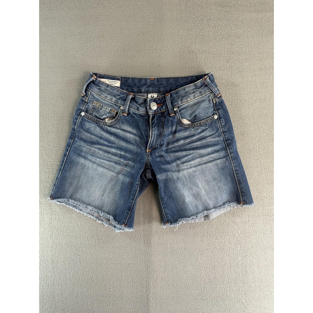 True Religion Emma Shorts Womens 25 Blue Mid Rise Bermuda Raw Hem Denim Cutoff